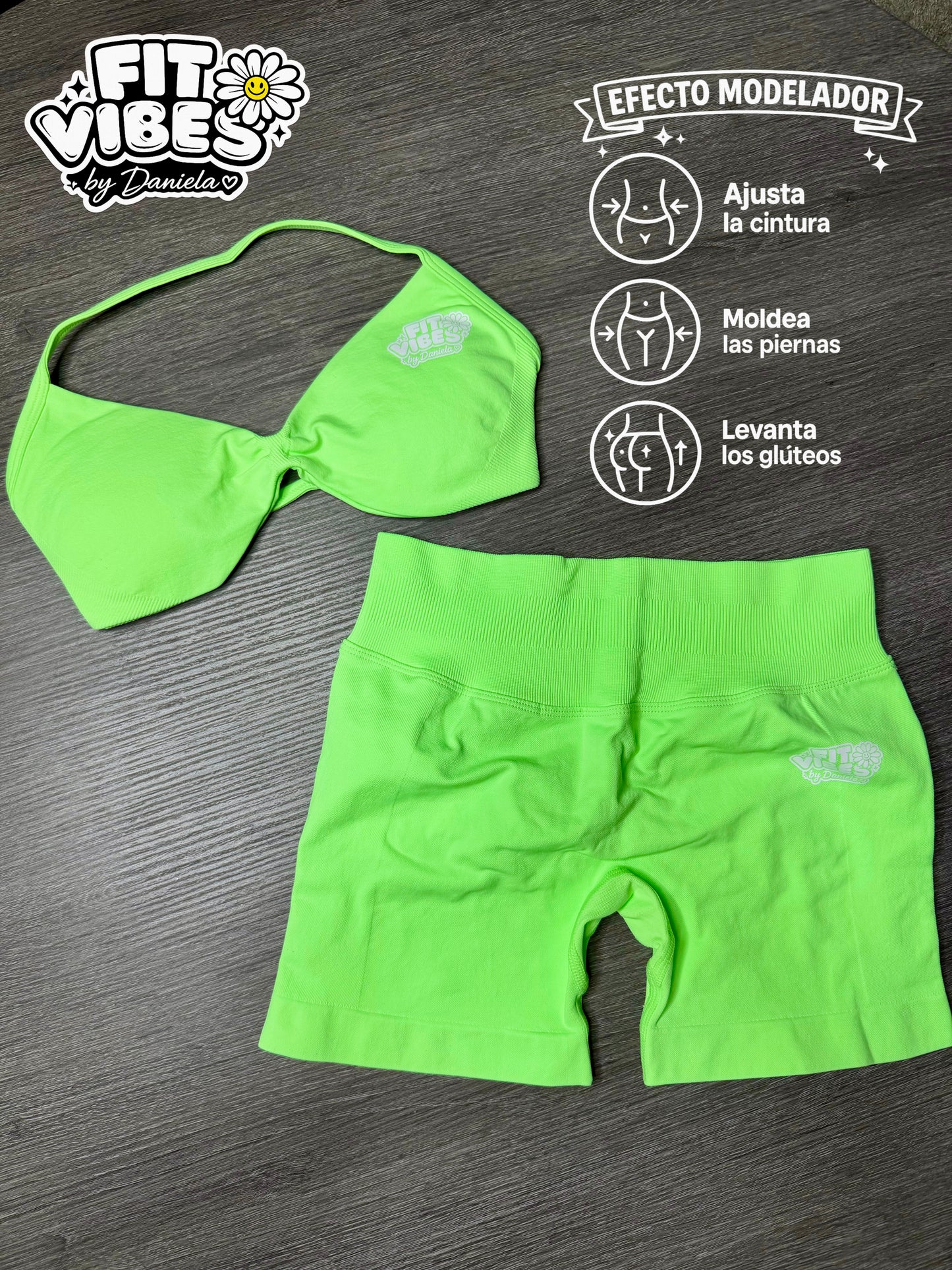 Neon Vibe Green Set Deportivo Moldeador FitVibes by Daniela – 2 Piezas | Top Deportivo + Short de Compresión