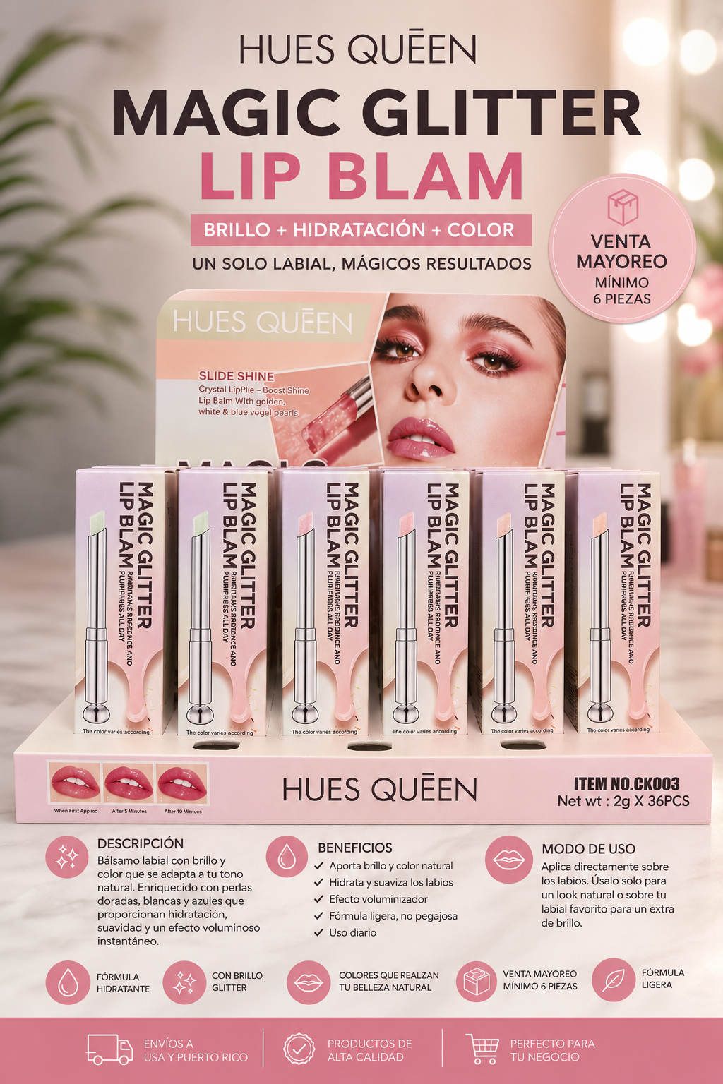 HUES QUEEN Magic Glitter Lip Balm | Bálsamo Labial Hidratante con Brillo (Paquete de 6 Piezas)