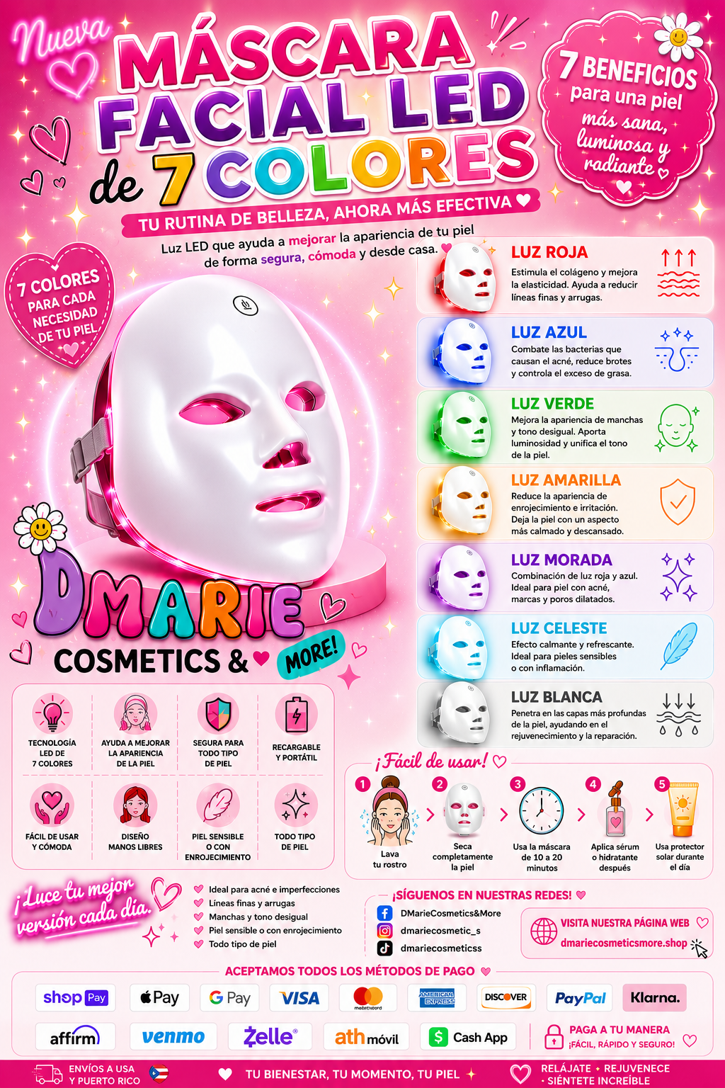 Máscara Facial LED de 7 Colores Recargable – Terapia de Luz para el Cuidado de la Piel