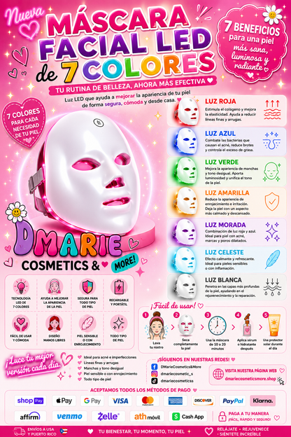 Máscara Facial LED de 7 Colores Recargable – Terapia de Luz para el Cuidado de la Piel