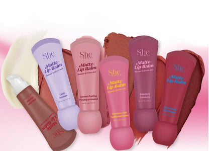 She Makeup Matte Lip Balm – Bálsamo Labial Mate | Paquete de 6 Piezas (Sabores Surtidos)