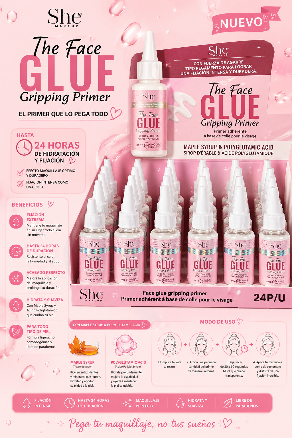 She Makeup The Face Glue Gripping Primer – Primer Adhesivo de Larga Duración (24 horas) paquete de 6pcs