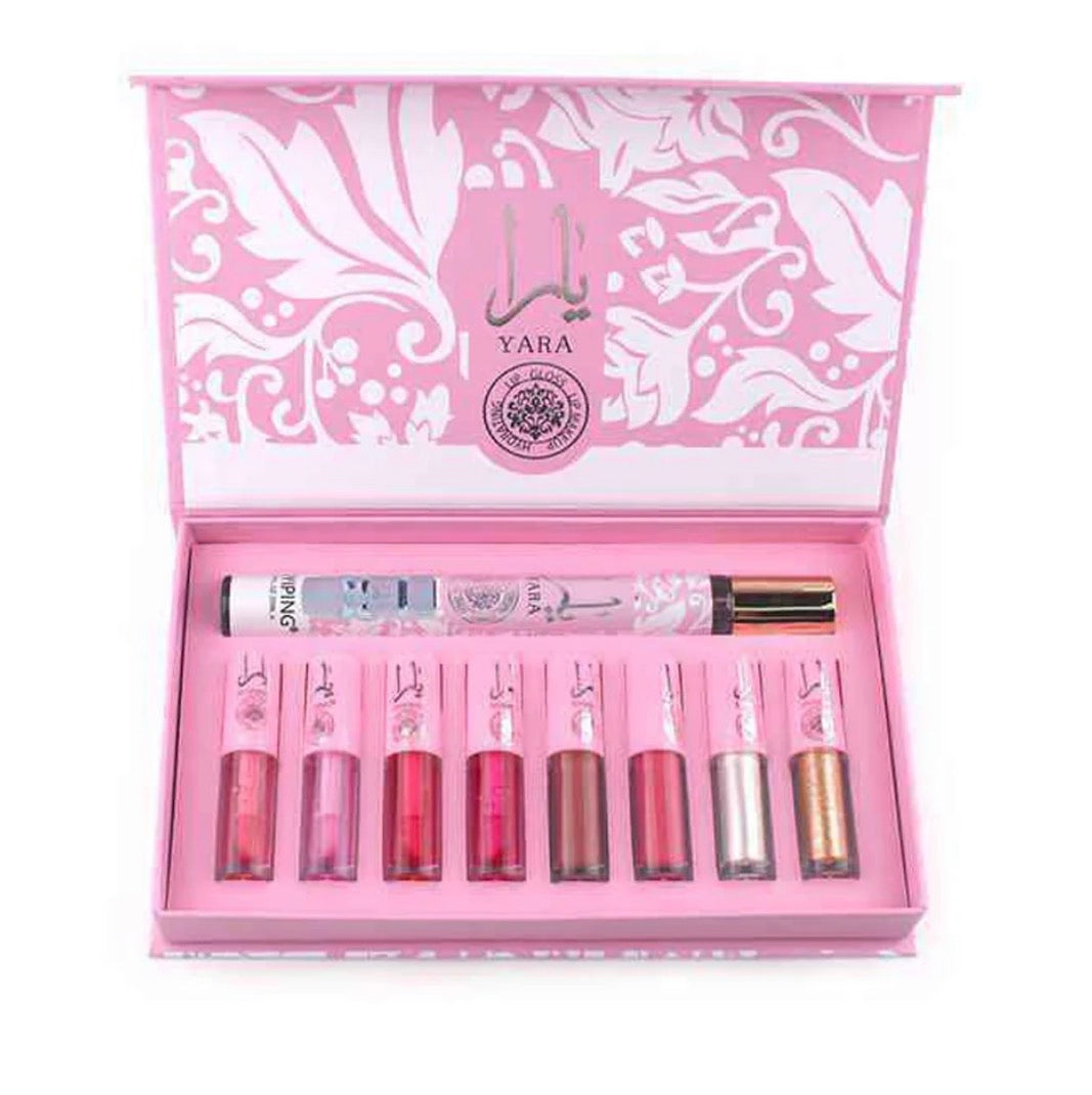 Set de Labiales Líquidos + Perfume Yara – 9 Piezas | Edición de Regalo Paquete de 2 pcs