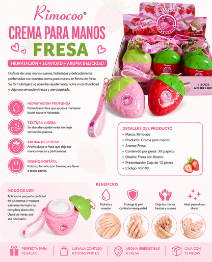 Rimocoo Crema para Manos Aroma Fresa – Caja de 12 Piezas con Llavero