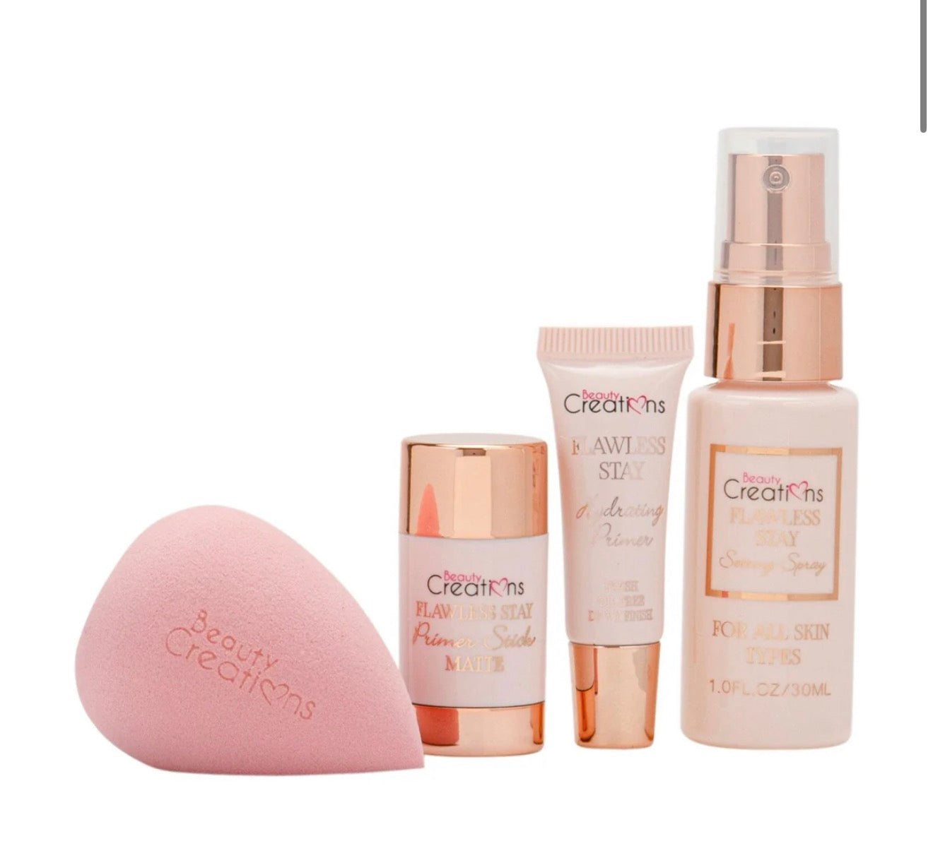 Beauty Creations Flawless Stay Prep & Set Kit – Primer, Setting Spray y Esponja de Maquillaje