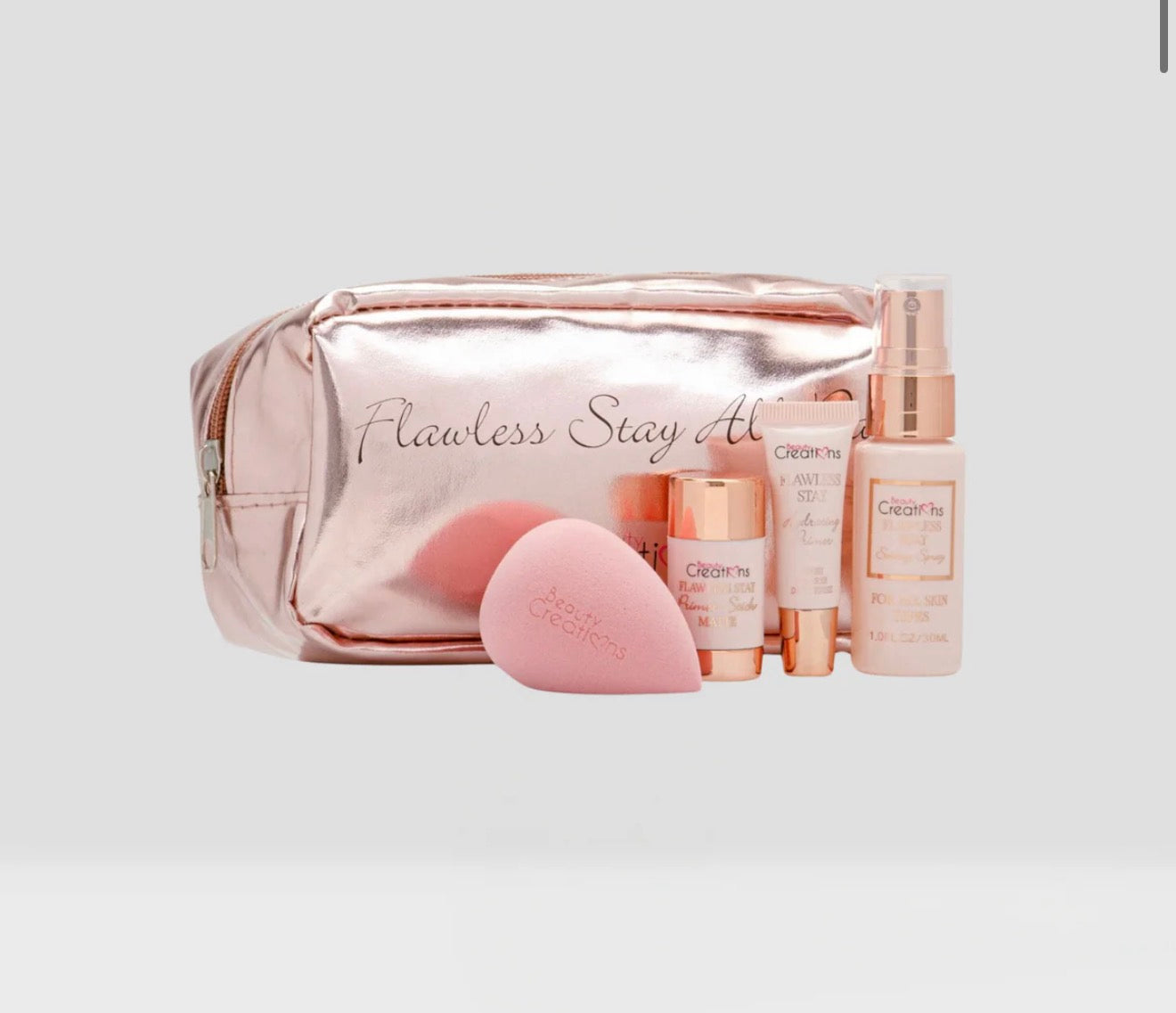 Beauty Creations Flawless Stay Prep & Set Kit – Primer, Setting Spray y Esponja de Maquillaje